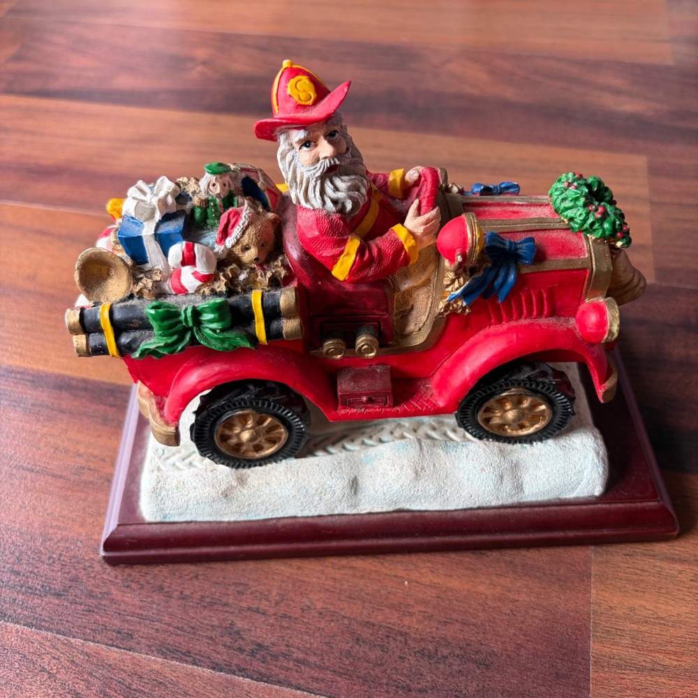 Jaimy Santa Claus Fireman in‎ Red Fire Truck Christmas Figurine Resin Wood Base